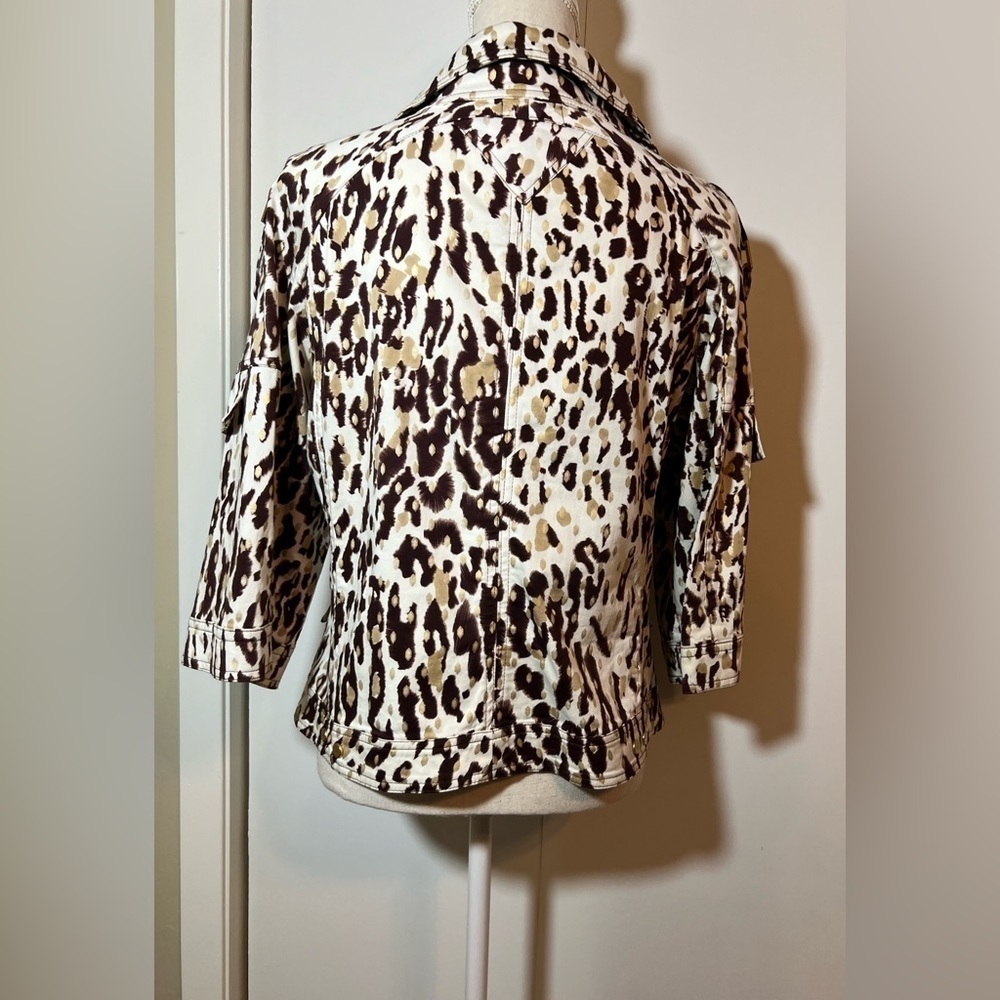Just B Leopard Print Crop Jacket Women’s Size M Gold Metallic Accents 3/4 Sleeve - Picture 5 of 9